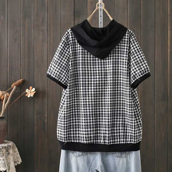 【XL~4XL】チェック柄　ゆったり　フード付き　ビッグサイズ　おしゃれ　夏Ｔシャツ