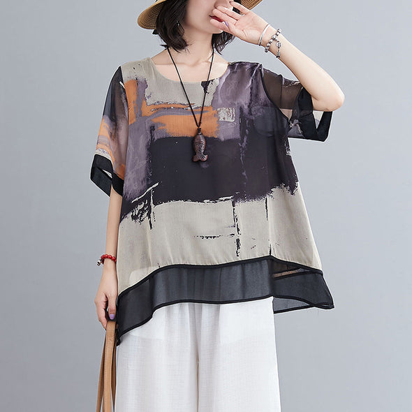 不規則柄　ゆったりサイズ　着瘦せ　夏シフォンＴシャツ