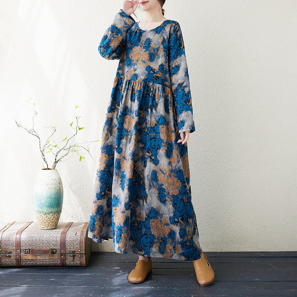 【M~2XL】エスニック風　Aライン　ロング・マキシ丈　秋冬ワンピース