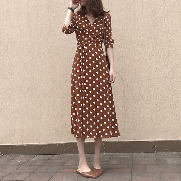 【S~XL】ドット柄　Aライン　ウエストリボン　フェミニン　デートワンピース