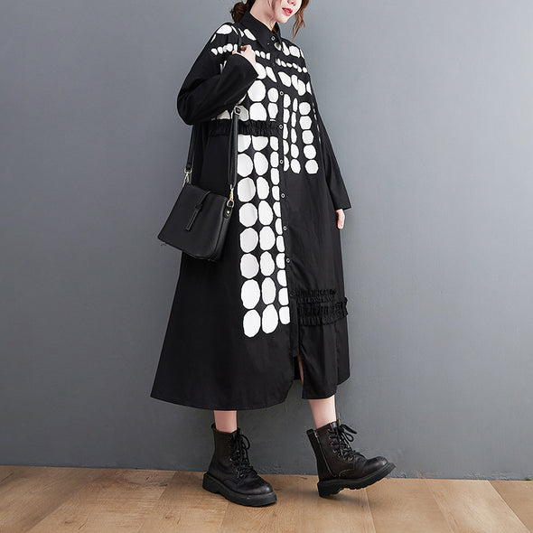 韓国ファッション　オプティカル　ロングシャツワンピース
