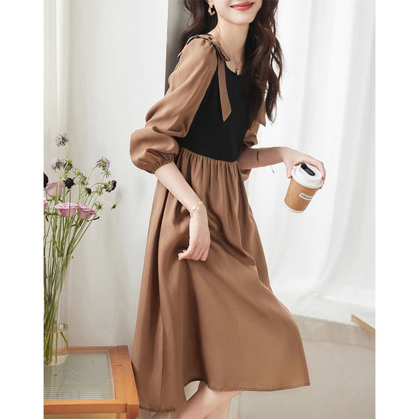 【S~XL】大人カジュアル　切替　ハイウエスト　着痩せ効果　Aライン　ワンピース