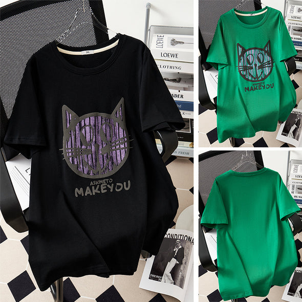 【3XL～7XL】韓国ファッション　ゆったりサイズ　カジュアル　猫柄　夏Tシャツ