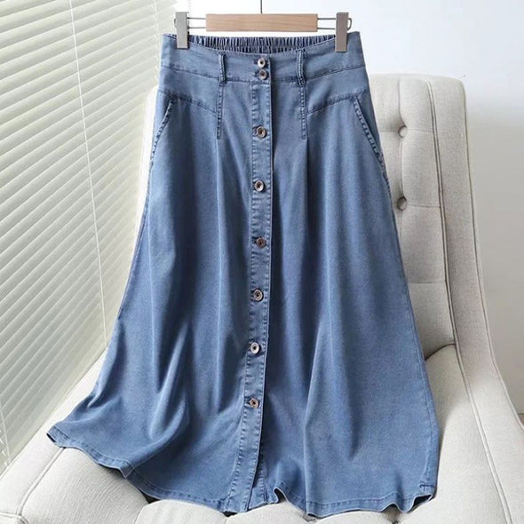 【S~2XL】大人ファッション　フロントボタン　シンプル　無地　デニムスカート