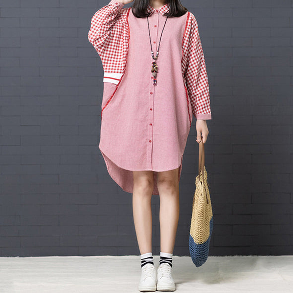 【S~XL】大人カジュアル　テールカット　チェック柄　スキッパーワンピース　ロング丈シャツ
