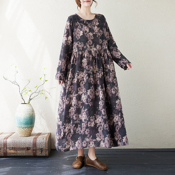 【M~2XL】ボタニカル　秋新作　体型カバー　Aライン　ロングワンピース
