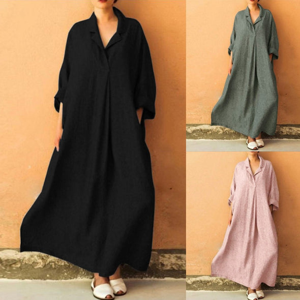 【S~5XL】シンプルカジュアル　無地　マキシ丈　シャツワンピース