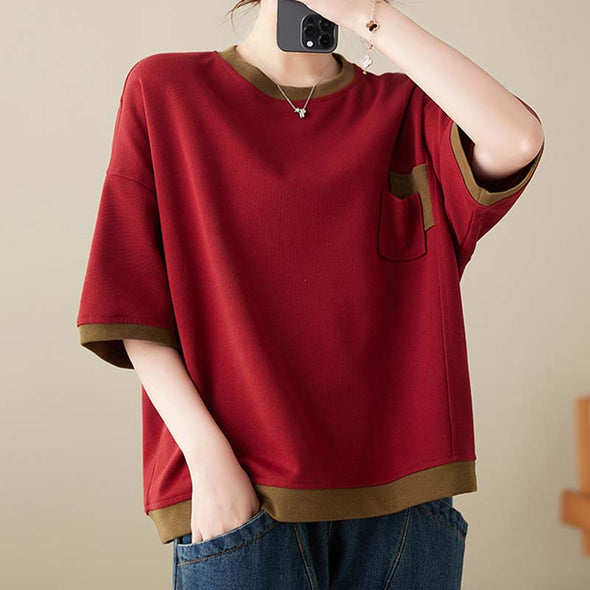 【Ｍ～3XL】ゆるシルエット　胸ポケット　中袖Ｔシャツ　無地　夏定番Tシャツ