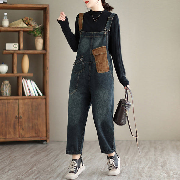 【M~2XL】大人カジュアル　デニムサロペットパンツ　ワイド風　サロペット