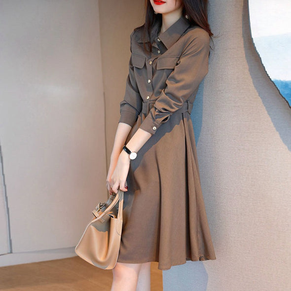 【S~XL】大人カジュアル　通勤　無地　Aライン　シャツワンピース