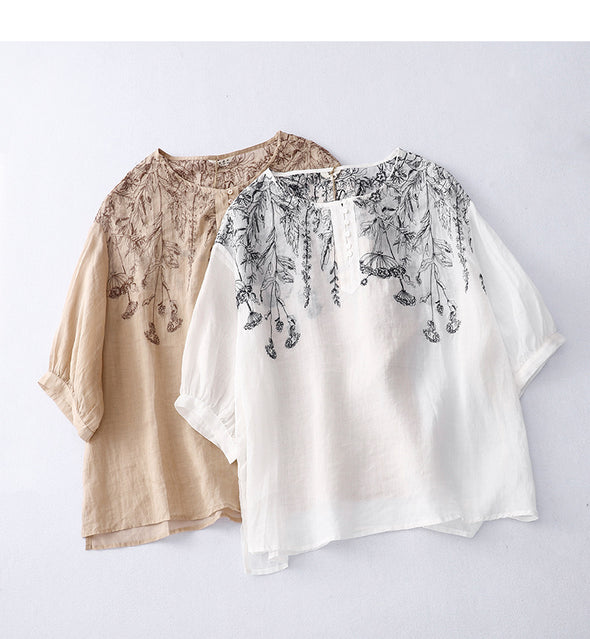 【M~2XL】リネン　レトロ風　エスニック　花柄　大人ブラウス