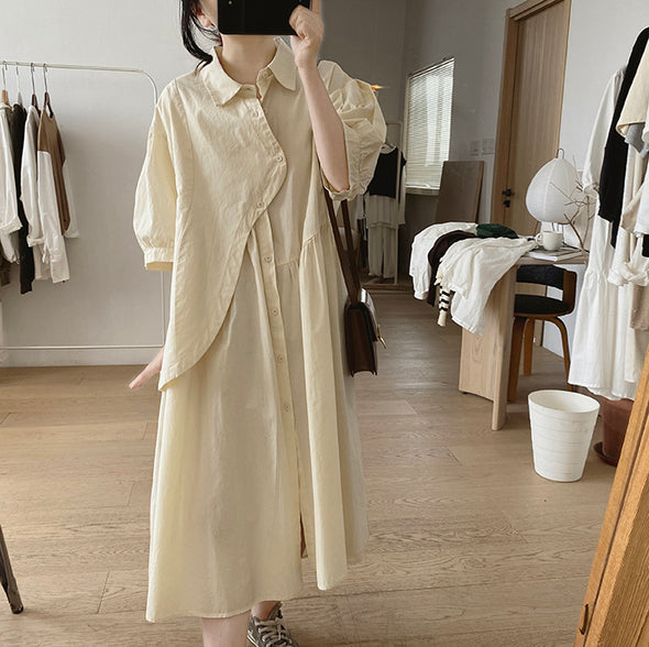 シンプルカジュアル　不規則デザイン　中袖　ロングシャツワンピース