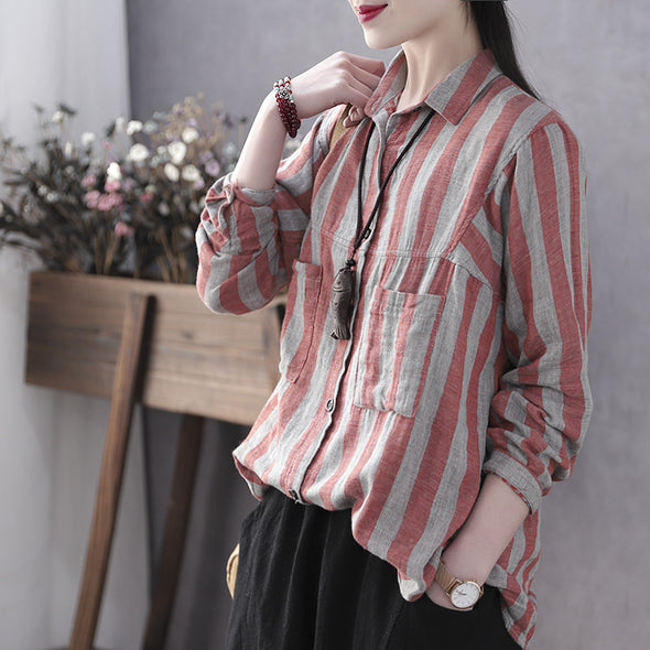 【M~2XL】大人カジュアル　綿麻　ストライプ　胸ポケット　レディースシャツ