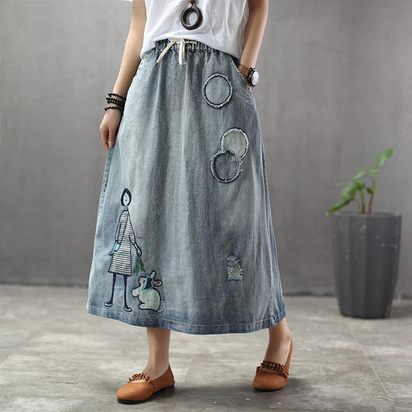 【L.XL】刺繍　レトロ　可愛い　　Aライン　デニムスカート