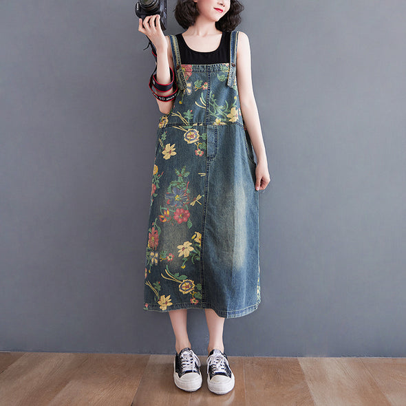 【M~2XL】花柄　ゆったりサイズ　カジュアル　可愛いデニムワンピース