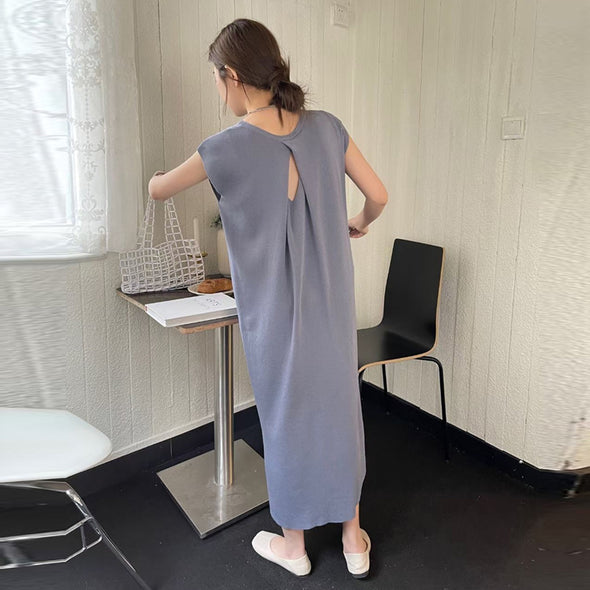 シンプル　夏　無地　キャップスリーブ　ロング丈　楽ちん　ワンピース