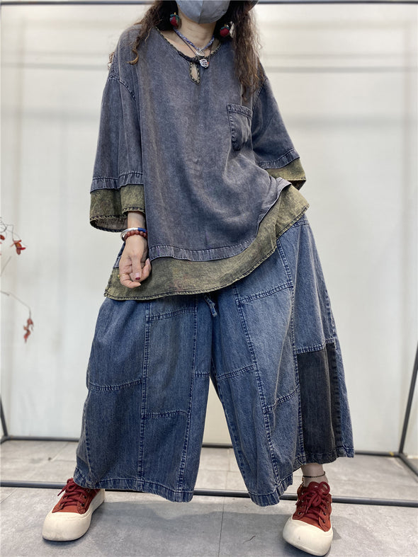レトロ風　ぬけ感　ドロップスリーブ　9分袖デニムトップス