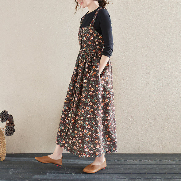【M~2XL】ボタニカル　花柄　サロペット風　ジャンパースカート