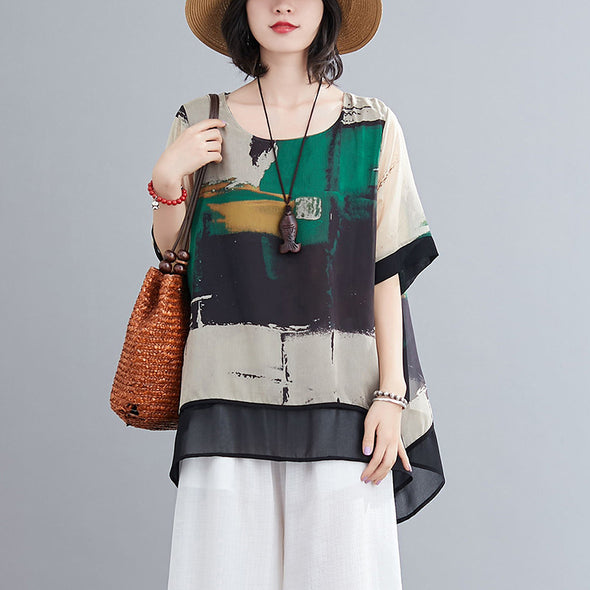 不規則柄　ゆったりサイズ　着瘦せ　夏シフォンＴシャツ