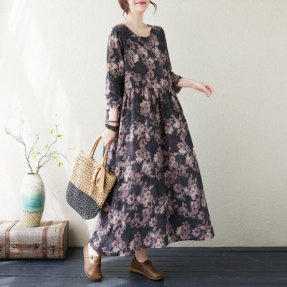 【M~2XL】ボタニカル　秋新作　体型カバー　Aライン　ロングワンピース