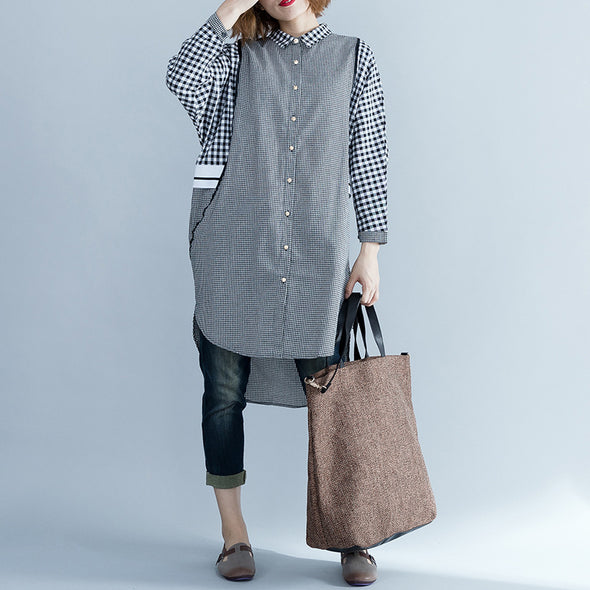 【S~XL】大人カジュアル　テールカット　チェック柄　スキッパーワンピース　ロング丈シャツ