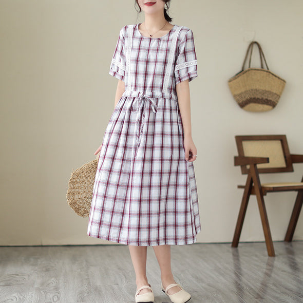 【M~2XL】大人カジュアル　チェック柄　　綿麻　レトロ　Aライン　シャツワンピース