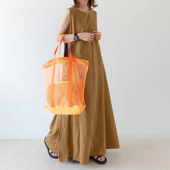 【S~5XL】シンプル　綿麻　カジュアル　ノースリーブ　ゆったりサイズ　夏ロングワンピース