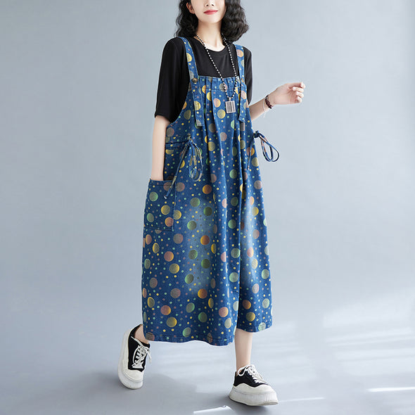 【Ⅿ~2XL】人かわいい　トッド柄　裾フリンジ　Aラインデニムワンピース