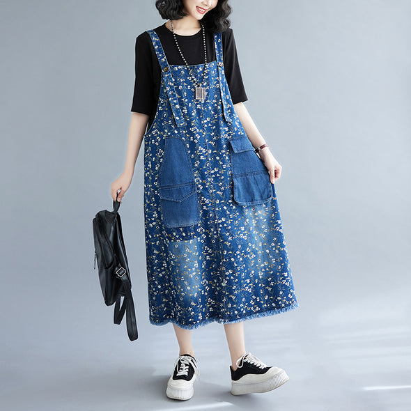【M~2XL】大人かわいい　花柄　裾フリンジ　Aライン デニムワンピース