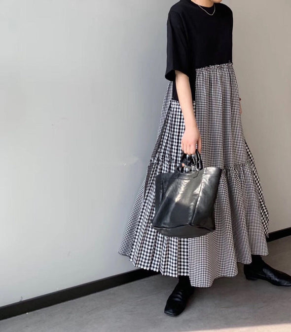 大人カジュアル　切替　Aライン　ロング丈ワンピース