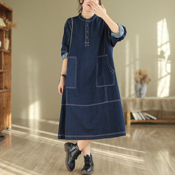 【M~2XL】シンプルカジュアル　秋冬　ロングデニムワンピース
