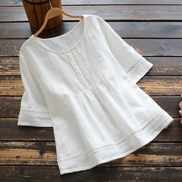 【S～5XL】大人ファッション　ゆったり　夏　無地　透かし彫り　切り替え　夏ブラウス・Ｔシャツ