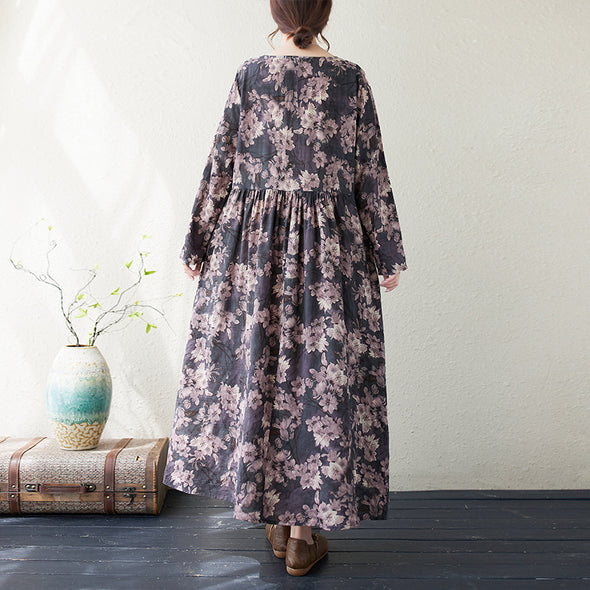 【M~2XL】ボタニカル　秋新作　体型カバー　Aライン　ロングワンピース