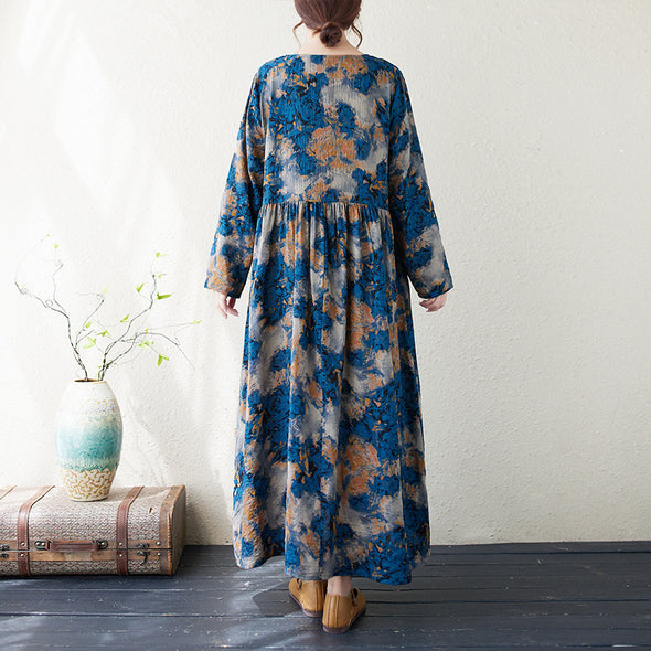 【M~2XL】エスニック風　Aライン　ロング・マキシ丈　秋冬ワンピース