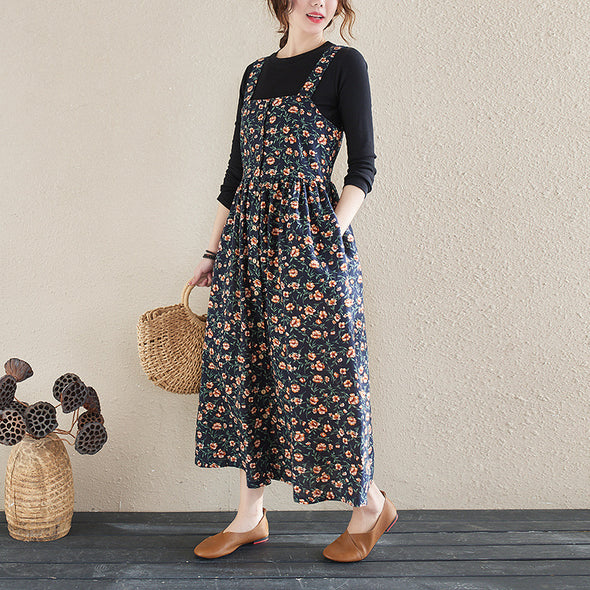 【M~2XL】ボタニカル　花柄　サロペット風　ジャンパースカート