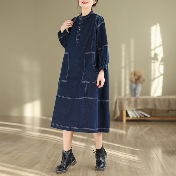 【M~2XL】シンプルカジュアル　秋冬　ロングデニムワンピース