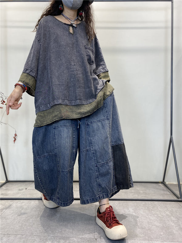 レトロ風　ぬけ感　ドロップスリーブ　9分袖デニムトップス