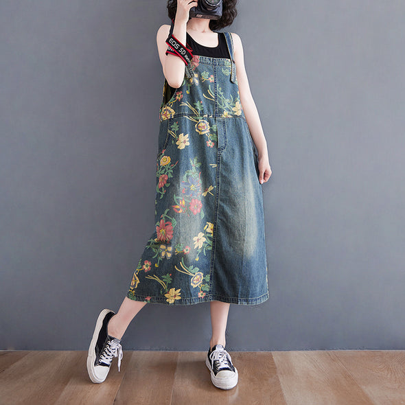 【M~2XL】花柄　ゆったりサイズ　カジュアル　可愛いデニムワンピース