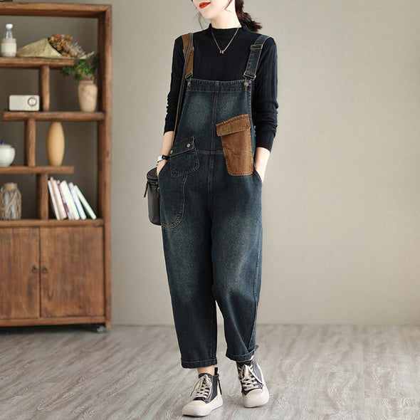 【M~2XL】大人カジュアル　デニムサロペットパンツ　ワイド風　サロペット
