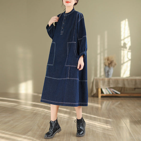【M~2XL】シンプルカジュアル　ロングデニムワンピース
