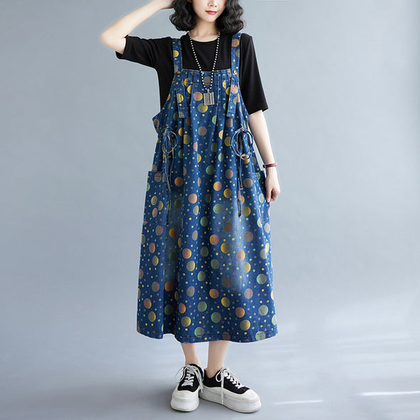 【Ⅿ~2XL】人かわいい　トッド柄　裾フリンジ　Aラインデニムワンピース