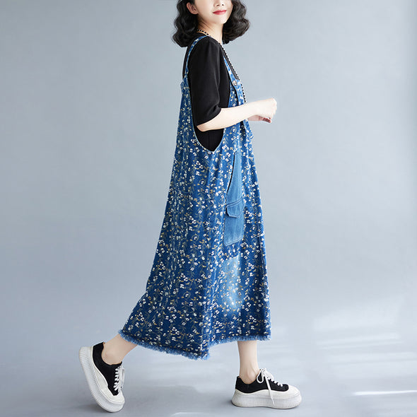 【M~2XL】大人かわいい　花柄　裾フリンジ　Aライン デニムワンピース