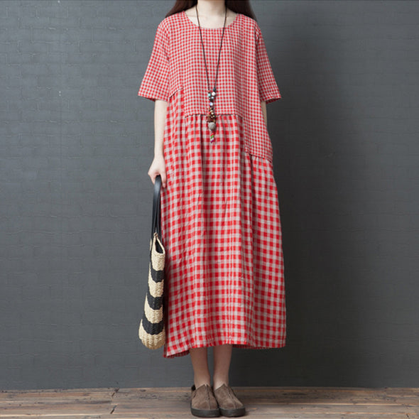 【M~2XL】大人カジュアル　切替　チェック柄　ゆったりサイズ　ロングワンピース