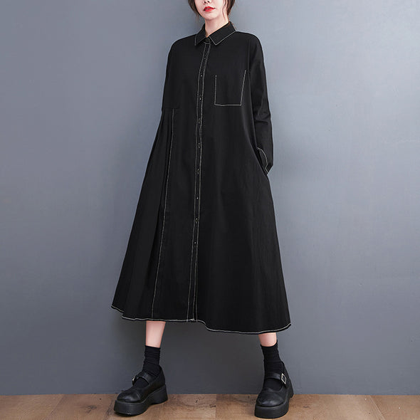 大人カジュアル　着痩せ効果　Aライン　ロングシャツワンピース