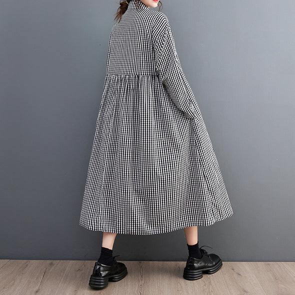 大人カジュアル　チェック柄Aライン　ロングシャツワンピース