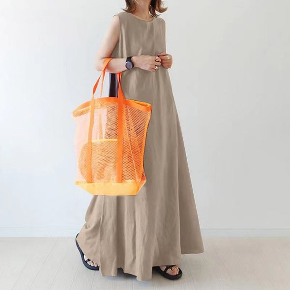 【S~5XL】シンプル　綿麻　カジュアル　ノースリーブ　ゆったりサイズ　夏ロングワンピース