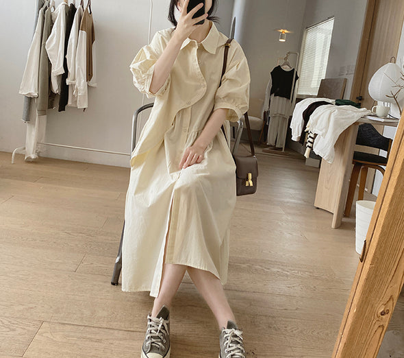 シンプルカジュアル　不規則デザイン　中袖　ロングシャツワンピース