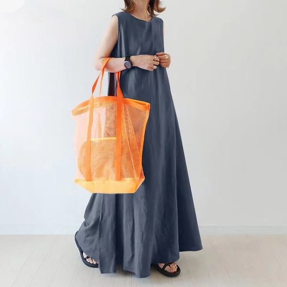 【S~5XL】シンプル　綿麻　カジュアル　ノースリーブ　ゆったりサイズ　夏ロングワンピース