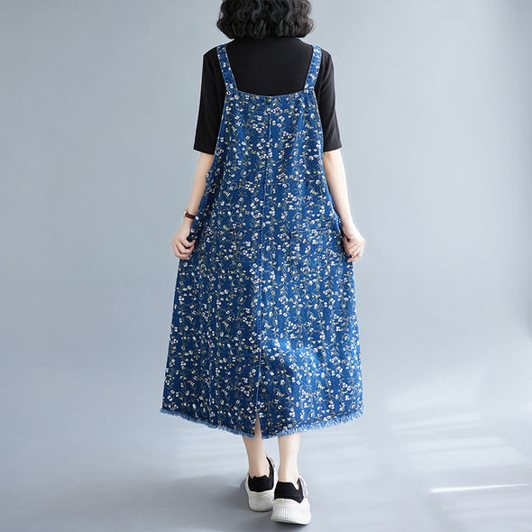 【M~2XL】大人かわいい　花柄　裾フリンジ　Aライン デニムワンピース