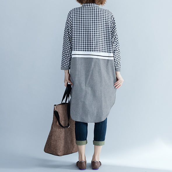 【S~XL】大人カジュアル　テールカット　チェック柄　スキッパーワンピース　ロング丈シャツ